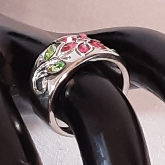 Colorful Band Ring Floral Encrusted Marquise Stones On Silver Tone Setting - Picture 2 of 10